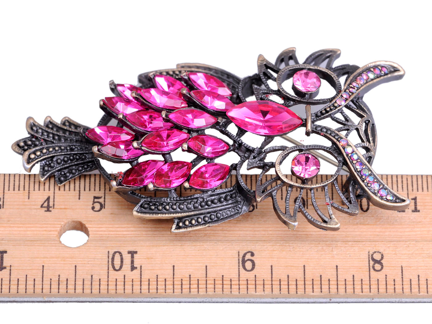 Vintage Pink Marquise Feather Owl Pin Brooch