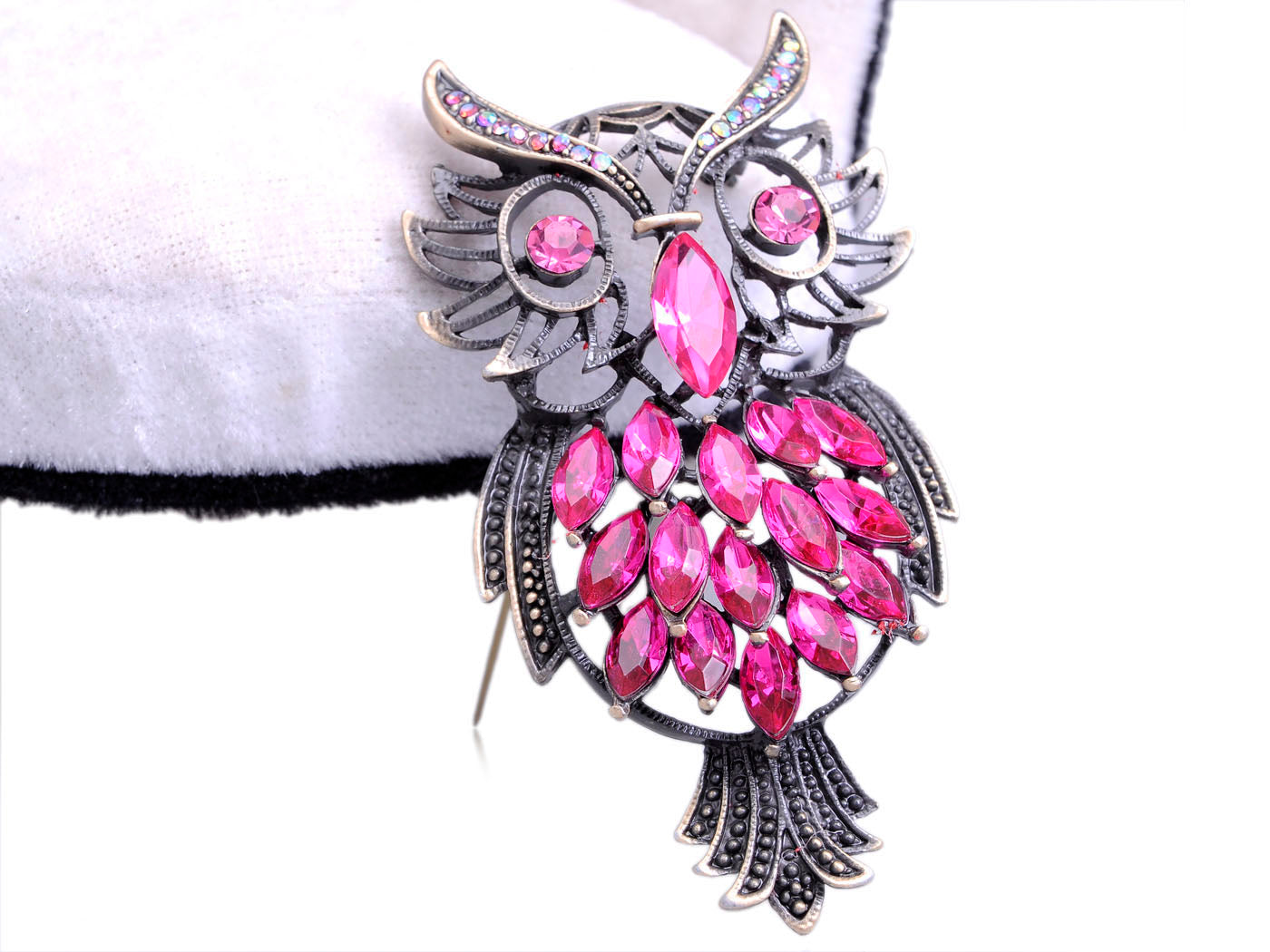 Vintage Pink Marquise Feather Owl Pin Brooch