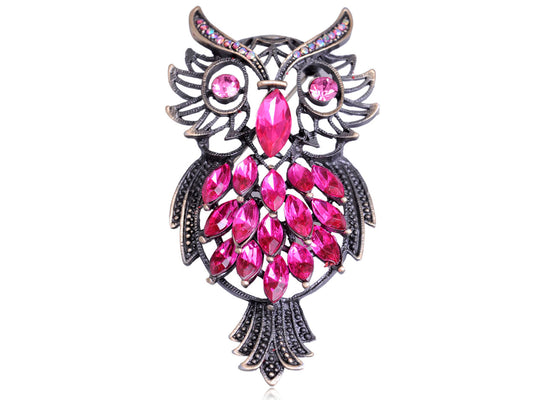 Vintage Pink Marquise Feather Owl Pin Brooch