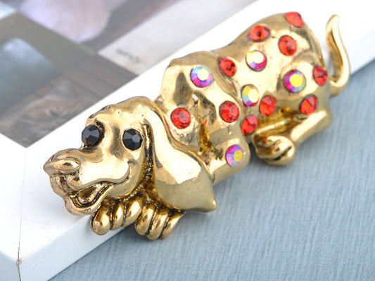 Antique Brass Iridescent Ruby Red Hound Dog Animal Pin Brooch