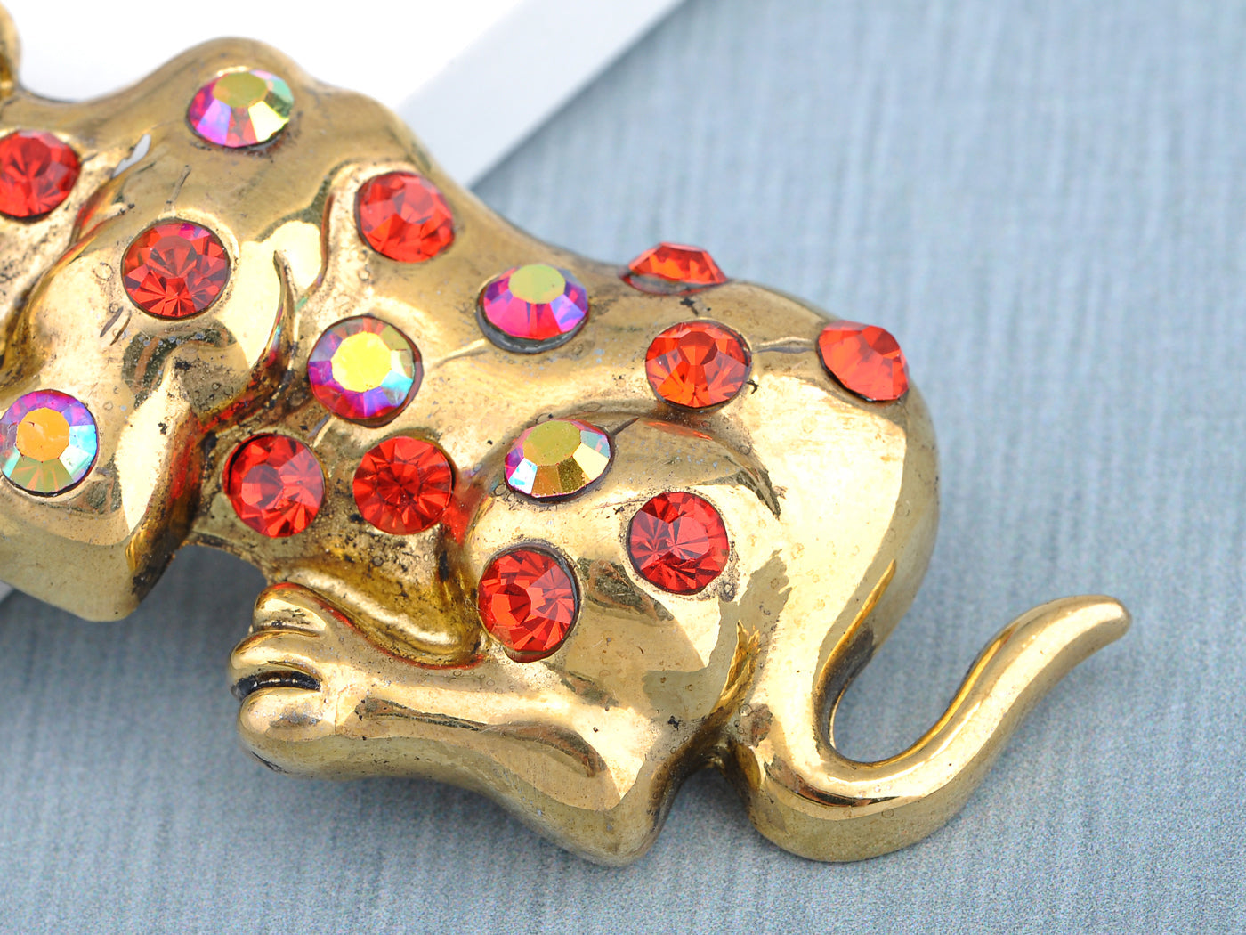 Antique Brass Iridescent Ruby Red Hound Dog Animal Pin Brooch