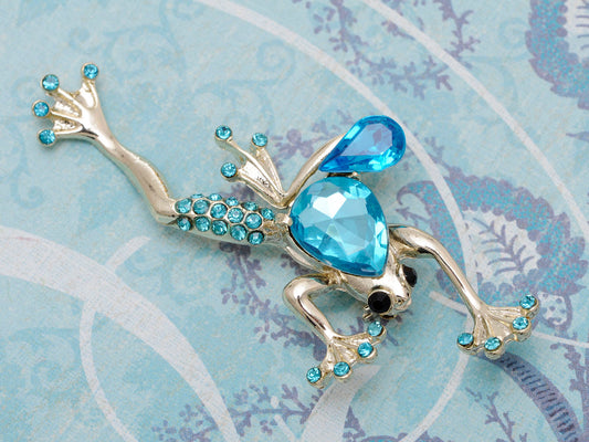 Sapphire Blue Jet Black Gem Frog Pin Brooch