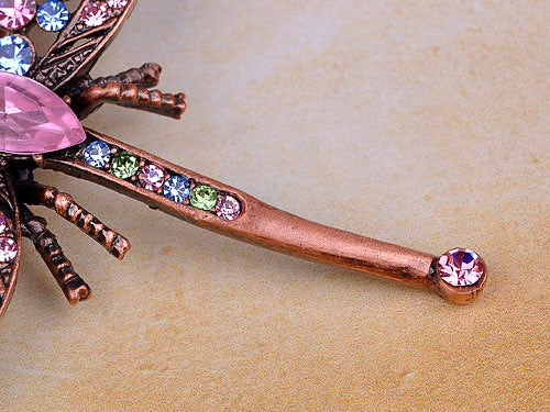 Art Noueveau Antique Copper Multi Color Dragonfly Pin Brooch