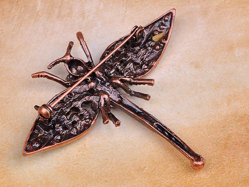 Art Noueveau Antique Copper Multi Color Dragonfly Pin Brooch