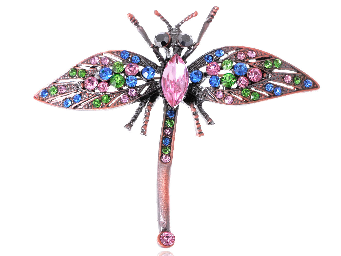 Art Noueveau Antique Copper Multi Color Dragonfly Pin Brooch