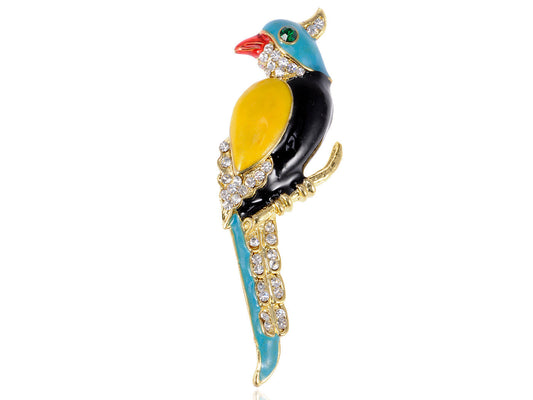 Colorful Painted Enamel Parrot Sitting Branch Bird Pin Brooch