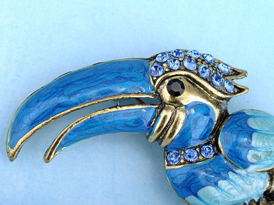 Blue Paint Enamel Sitting Hornbill Bird Pin Brooch