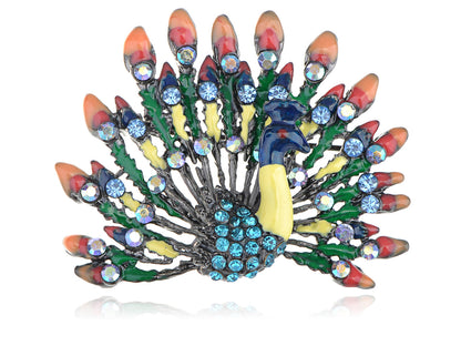 Colorful Enamel Sapphire Peacock Tail Orange Green Pin Brooch