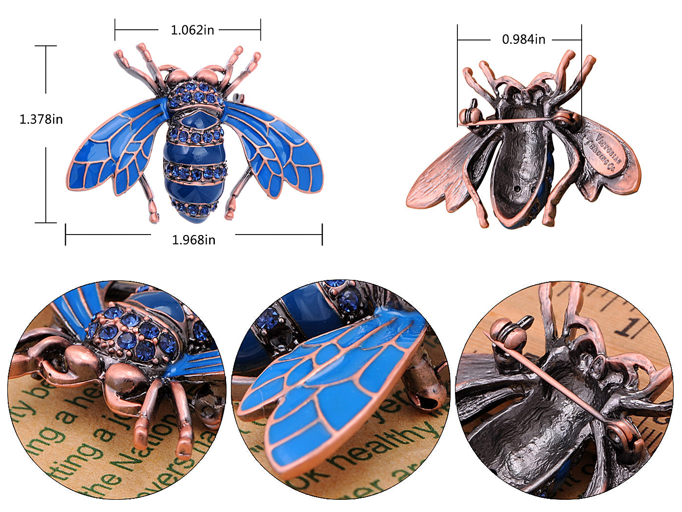 Rose Copper Sapphire Blue Colored Beetle Bee Brooch Pin