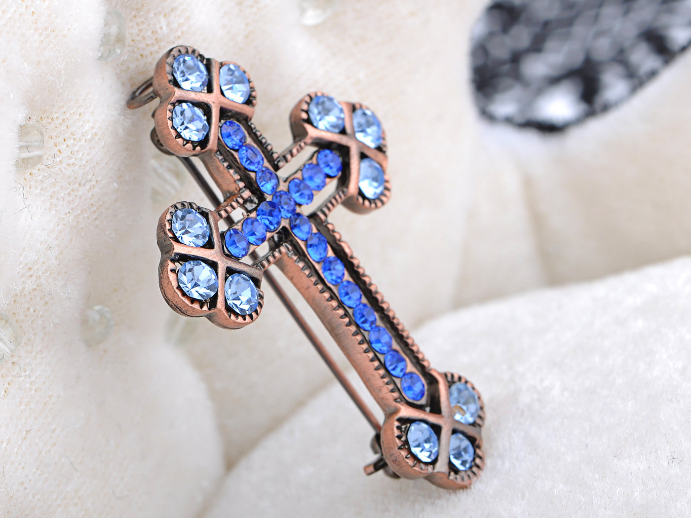 Copper Sapphire Blue Colored Holy Cross Brooch Pin