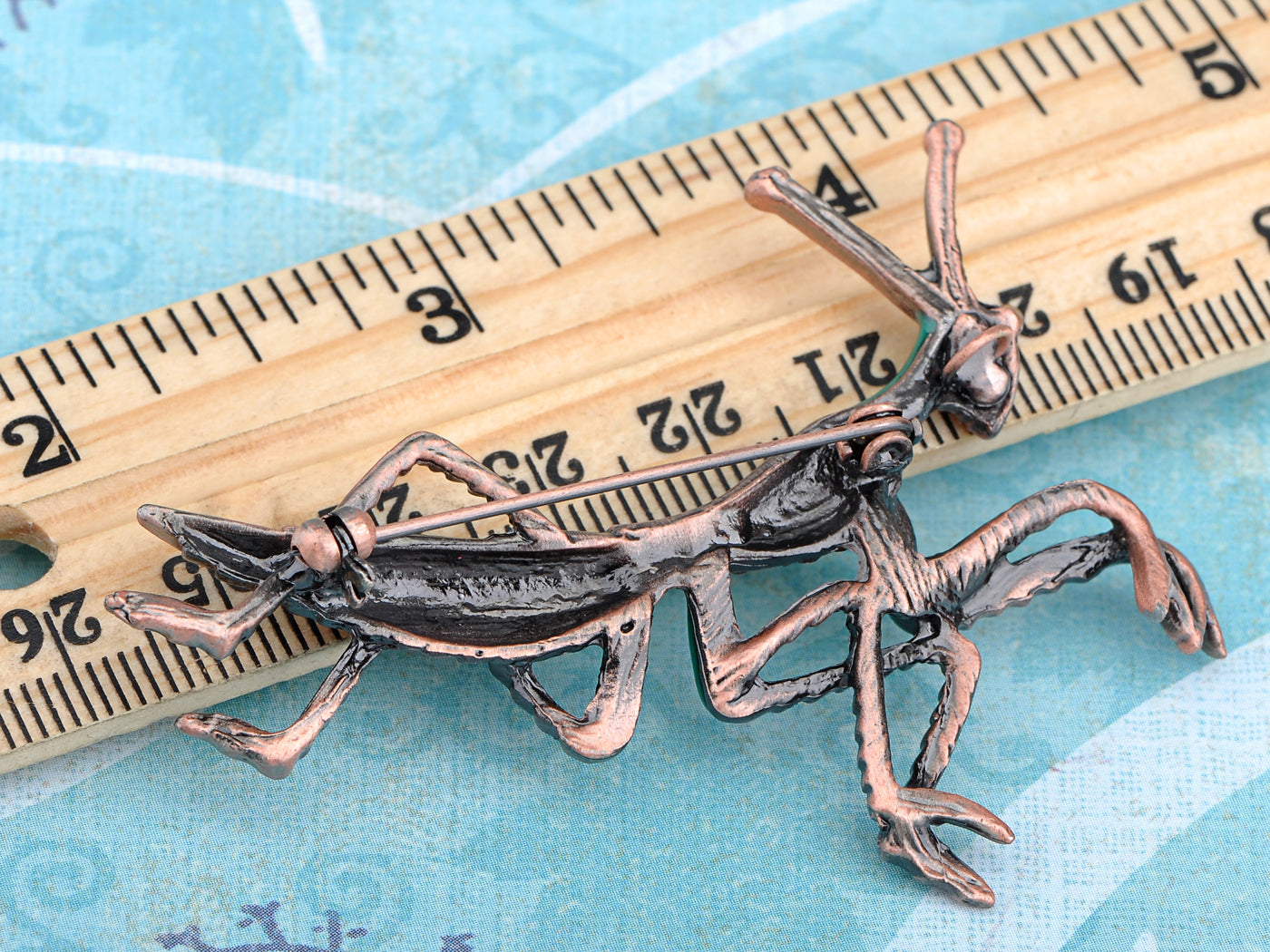 Copper Ruby Red Colored Green Mantis Insect Brooch Pin