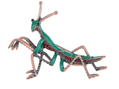 Copper Ruby Red Colored Green Mantis Insect Brooch Pin