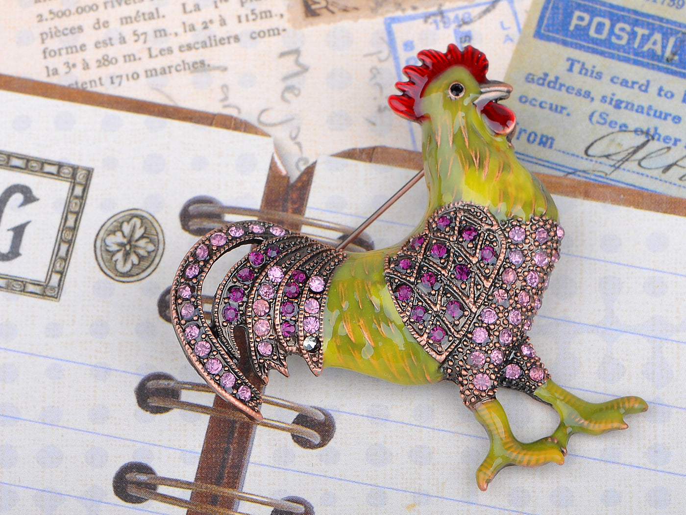 Copper Purple Yellow Green Chicken Rooster Brooch Pin