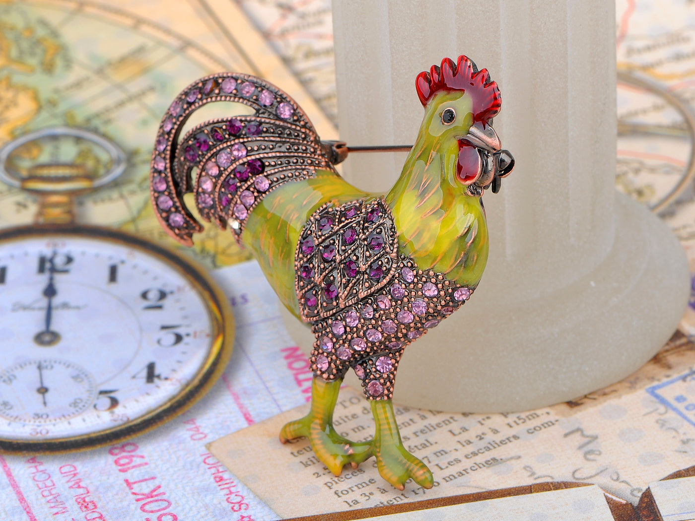 Copper Purple Yellow Green Chicken Rooster Brooch Pin