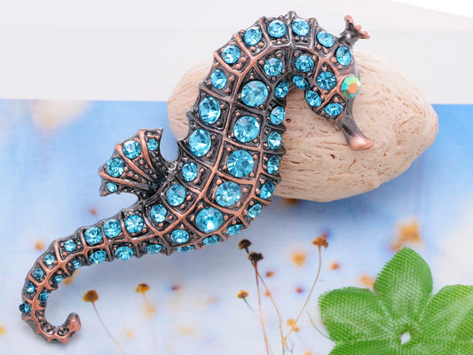 Copper Light Blue Nautical Ocean Seahorse Brooch Pin