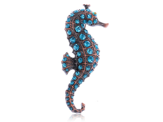 Copper Light Blue Nautical Ocean Seahorse Brooch Pin