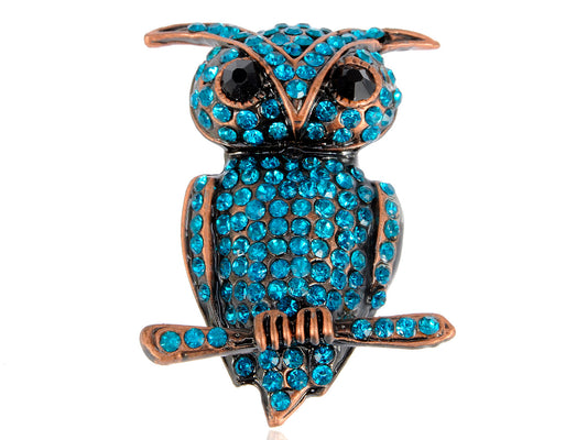 Light Blue Little Owl Hoot Bird Branch Brooch Pin