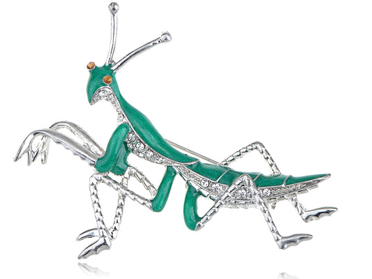 Silver Glitter Green Long Praying Mantis Insect Brooch Pin