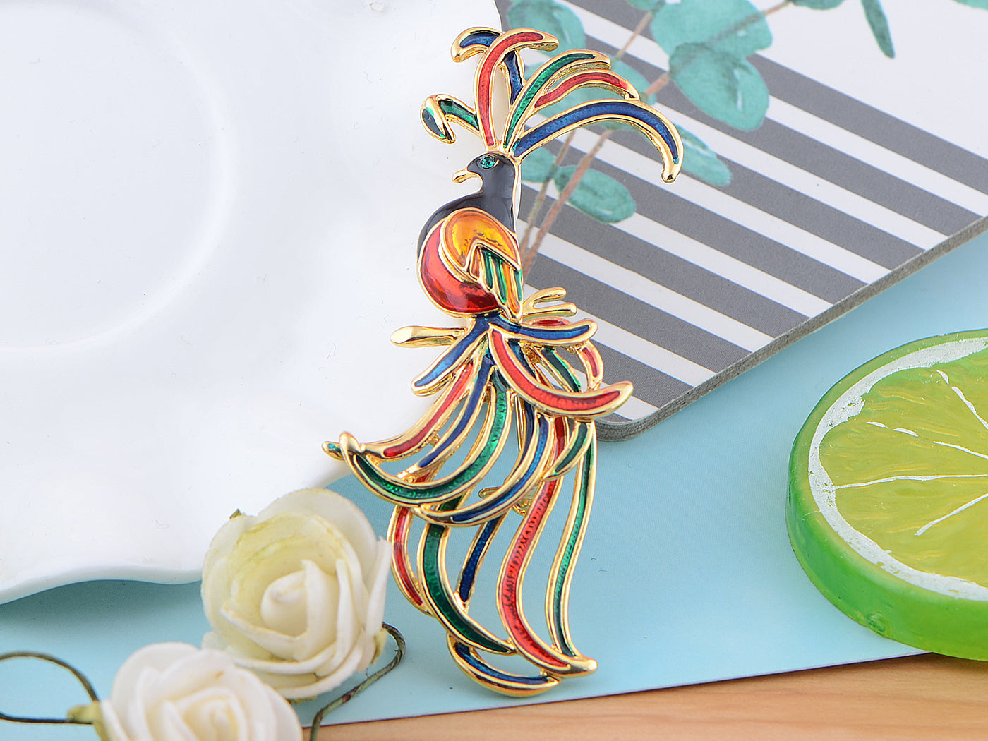 Brilliant Enamel Color Bright Green Red Paradise Bird Jewelry Pin Brooch