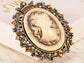 Vintage Brass Topaz Cameo Lady Maiden Pin Brooch