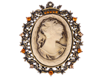 Vintage Brass Topaz Cameo Lady Maiden Pin Brooch