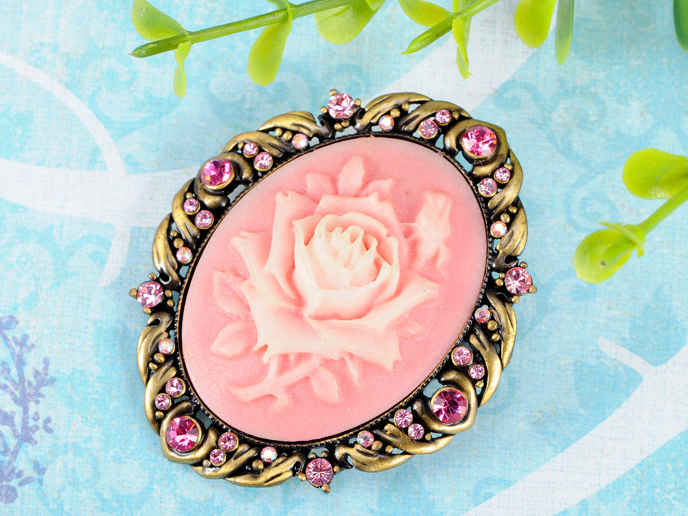 Vintage Antique Reproduct Rose Pink Flower Cameo Pin Brooch