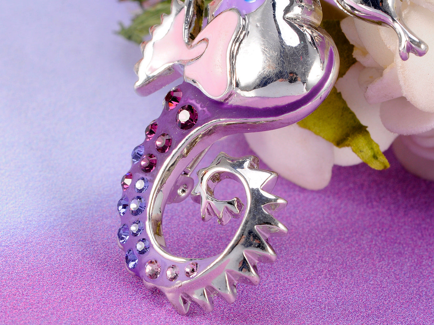 Purple Pink Enamel Seahorse Brooch Pin