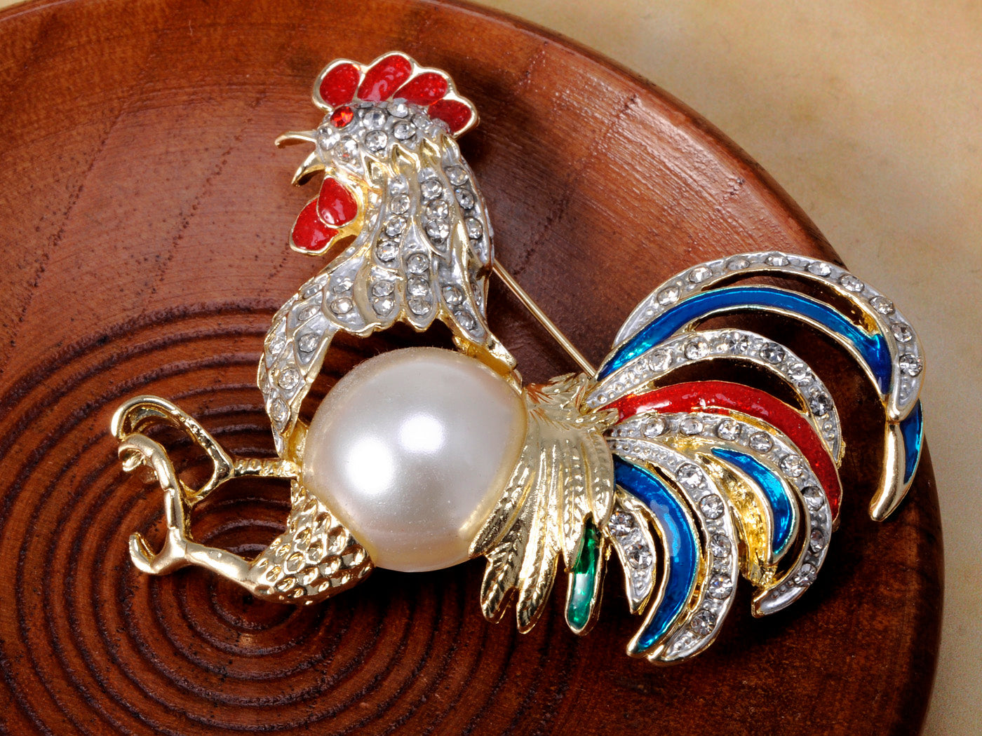 Gold Pearl Rooster Chicken Brooch Pin