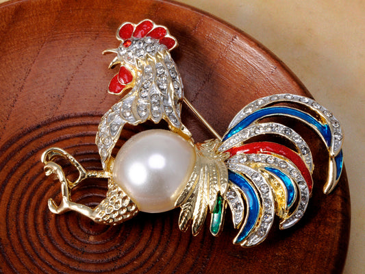 Gold Pearl Rooster Chicken Brooch Pin