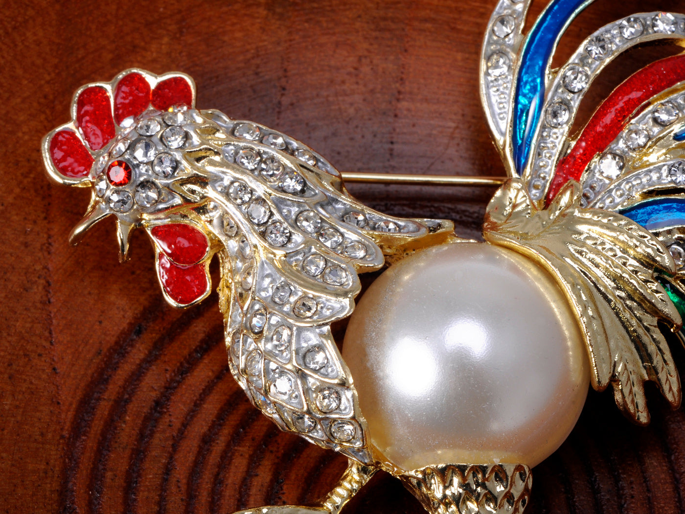 Gold Pearl Rooster Chicken Brooch Pin