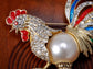 Gold Pearl Rooster Chicken Brooch Pin