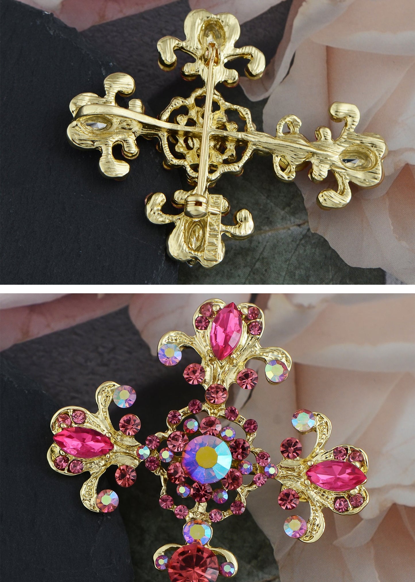 Victorian Flourish Flower God Cross Pin Brooch Purple