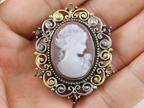 Antique Vintage Victorian Floral Purple Cameo Lady Brooch Pin