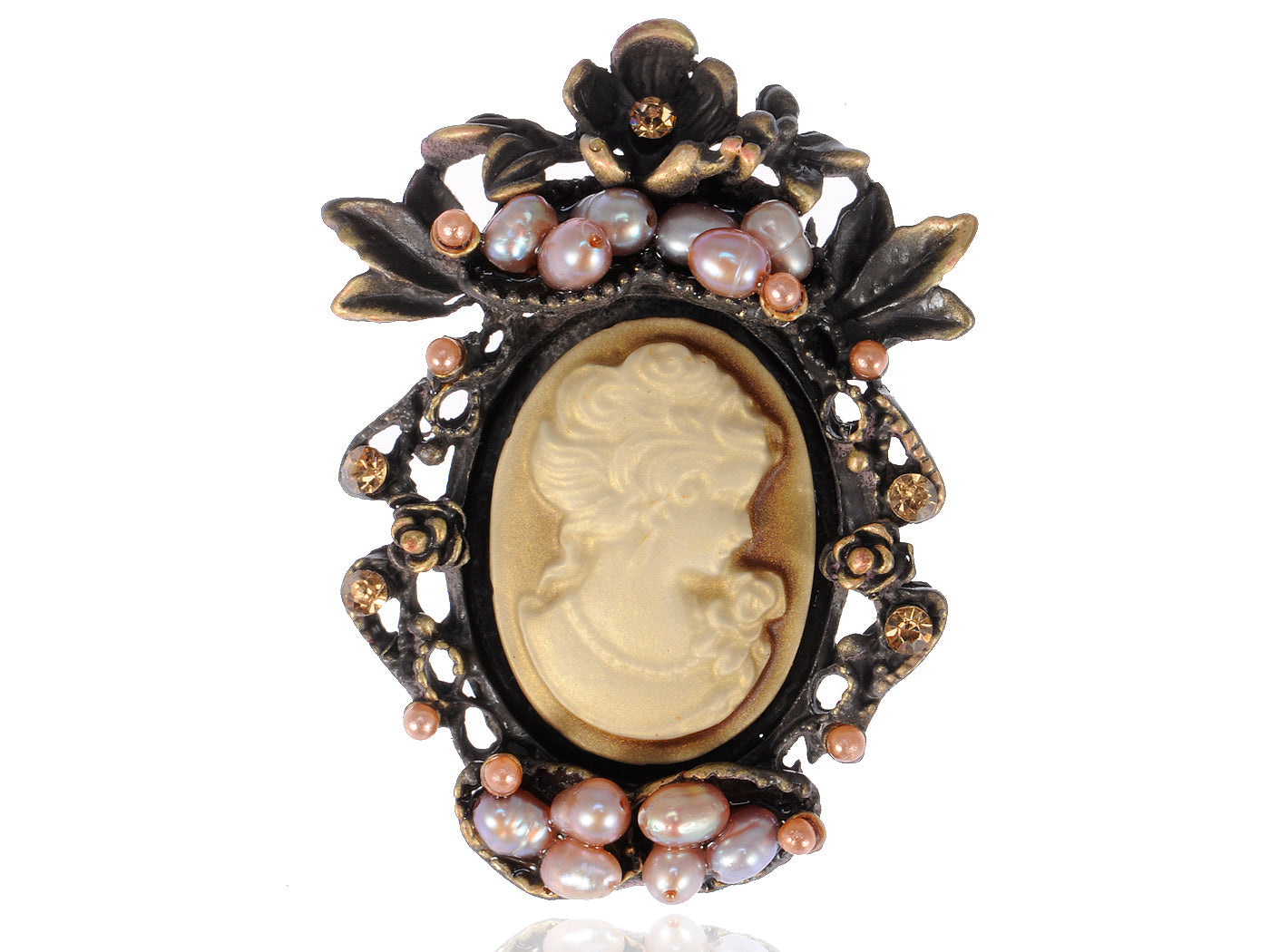 Vintage Brass Topaz Cameo Lady Maiden Pin Brooch