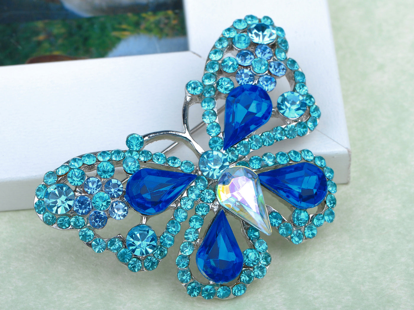Deep Aqua Blue Sapphire Fairytale Butterfly Insect Brooch Pin