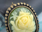 Antique Vintage Green Cameo White Floral Rose Brooch Pin