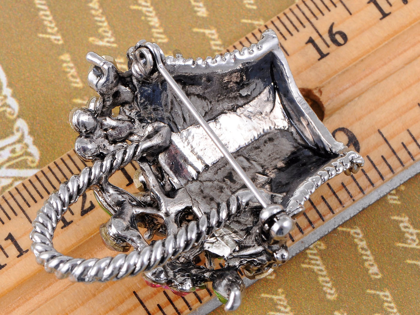 Gun Pink Topaz Green Spring Floral Square Basket Brooch Pin