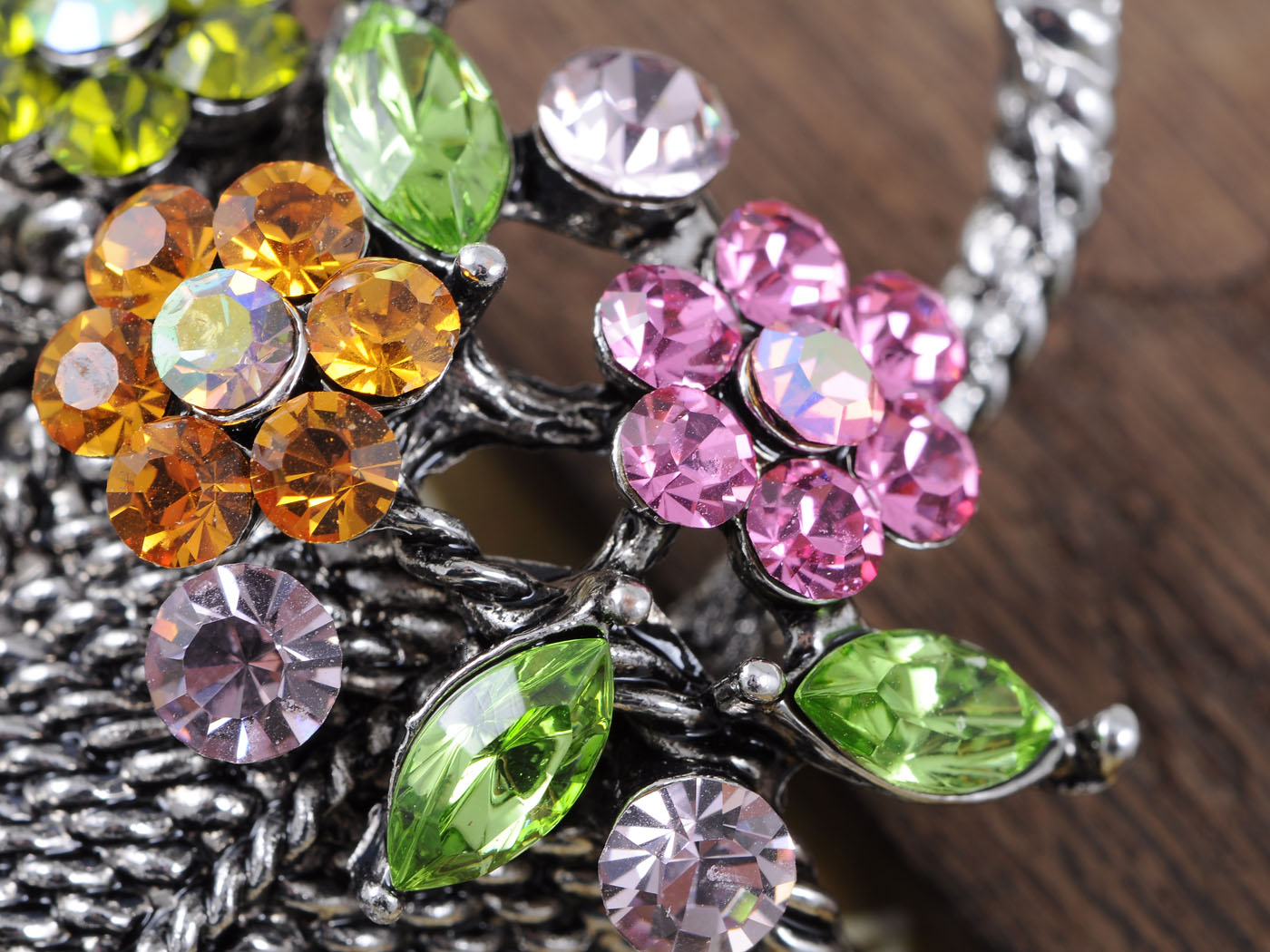 Gun Pink Topaz Green Spring Floral Square Basket Brooch Pin