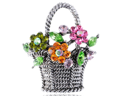 Gun Pink Topaz Green Spring Floral Square Basket Brooch Pin