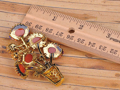 Gun Pink Topaz Green Spring Floral Square Basket Brooch Pin