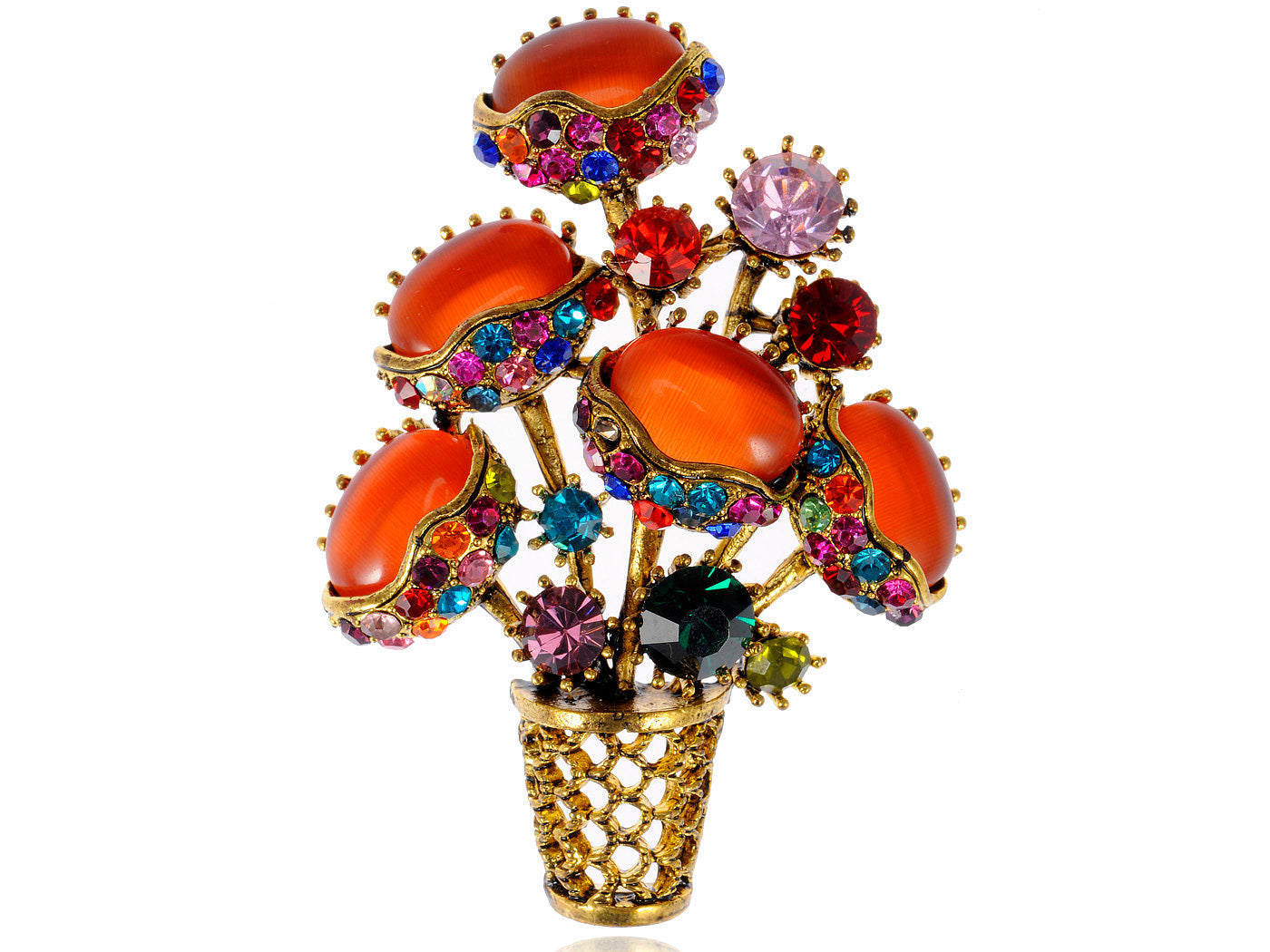 Gun Pink Topaz Green Spring Floral Square Basket Brooch Pin