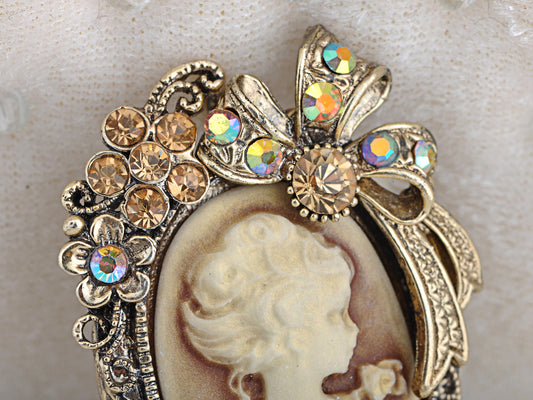 Vintage Victorian Lady Cameo Brooch Pin Maiden Flower Ribbon Bow Pendant