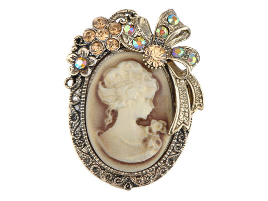 Vintage Victorian Lady Cameo Brooch Pin Maiden Flower Ribbon Bow Pendant