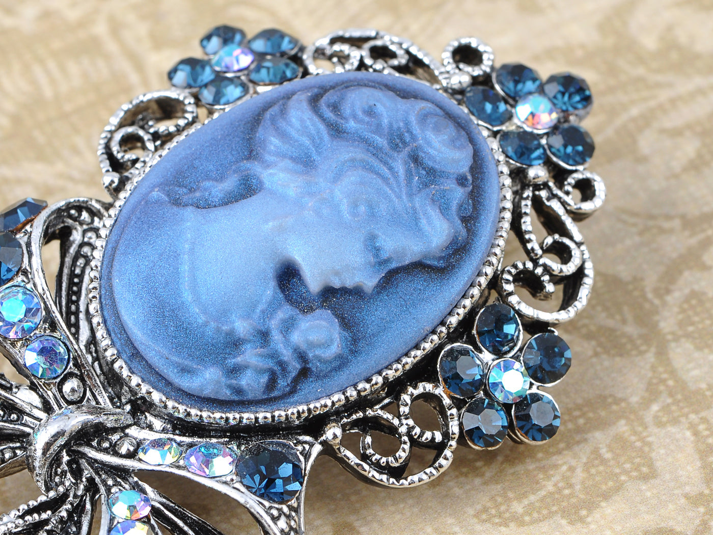 Beautiful Blue Sapphire Ab Cameo Maiden Ribbon Bow Pin Brooch