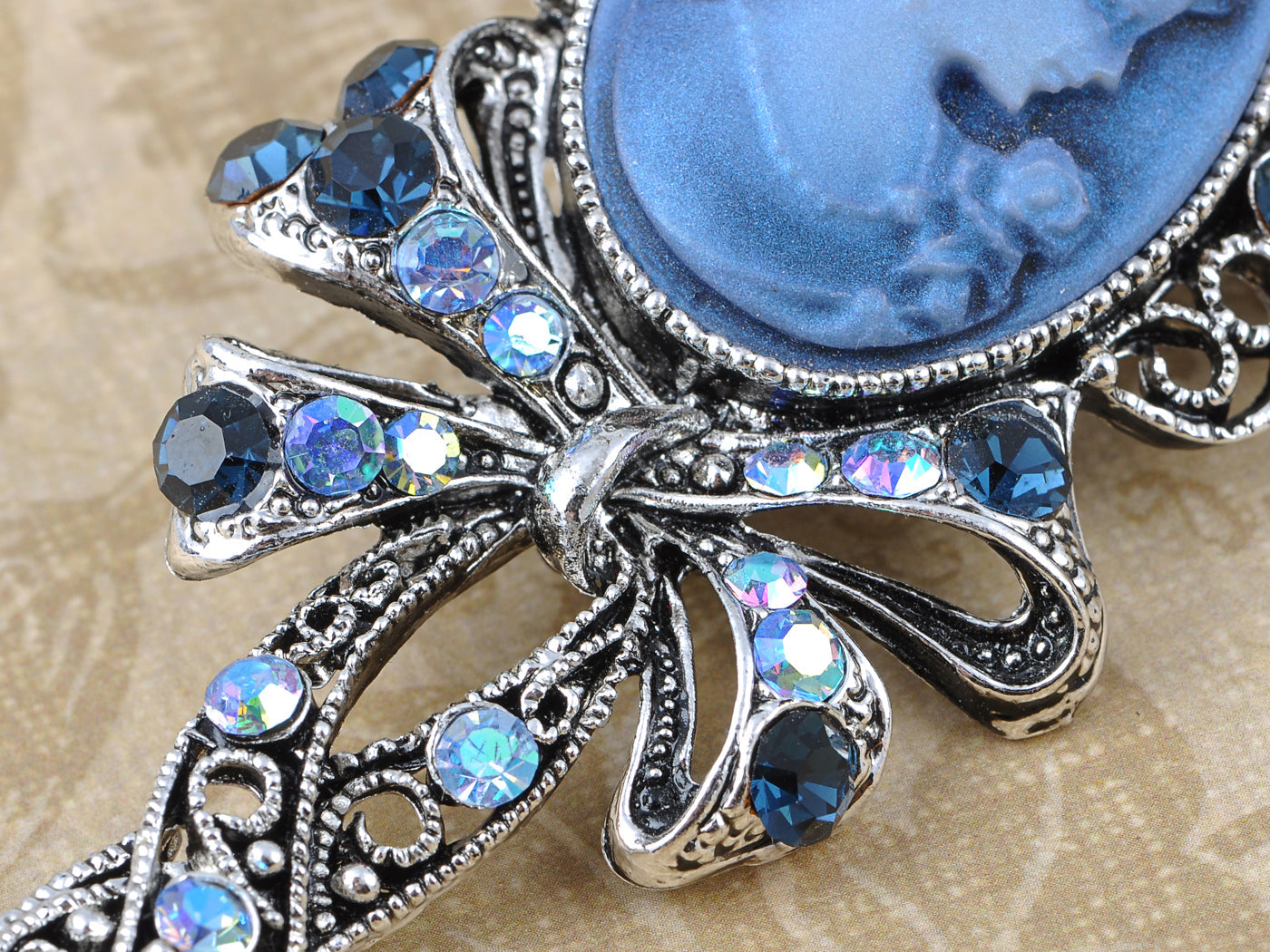 Beautiful Blue Sapphire Ab Cameo Maiden Ribbon Bow Pin Brooch