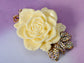 Antique Cream Vintage Rose Flower Leaf Bow Pendant Necklace