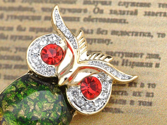 Ruby Red Eye Green Foil Bead Owl Bird Pin Brooch