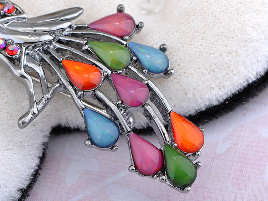 Silver Bead Tail Train Peacock Phoenix Bird Pin Brooch