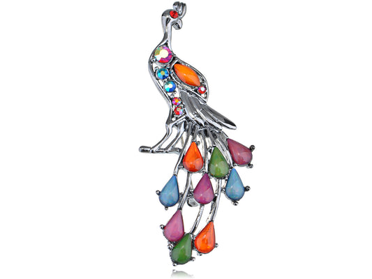 Silver Bead Tail Train Peacock Phoenix Bird Pin Brooch