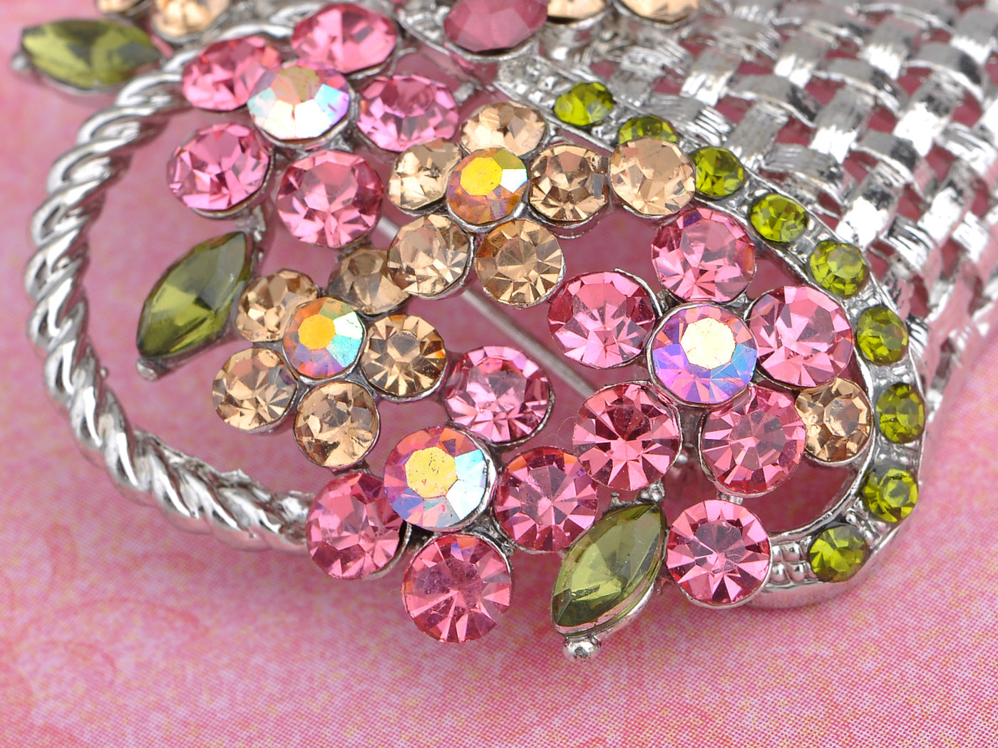 Gun Pink Topaz Green Spring Floral Square Basket Brooch Pin